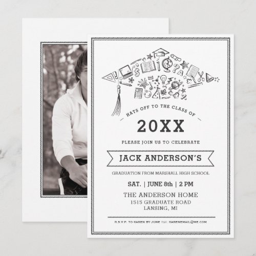 Black &amp; White Graduation Cap Party Invite Photo