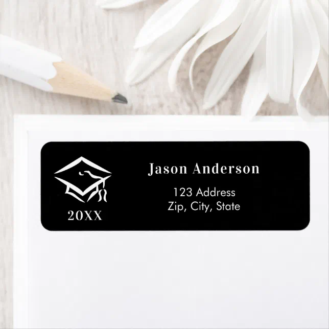 Black white graduation cap return address label Zazzle