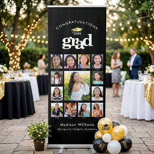Black White Graduation K–12 Photo Collage Cap Bold Retractable Banner