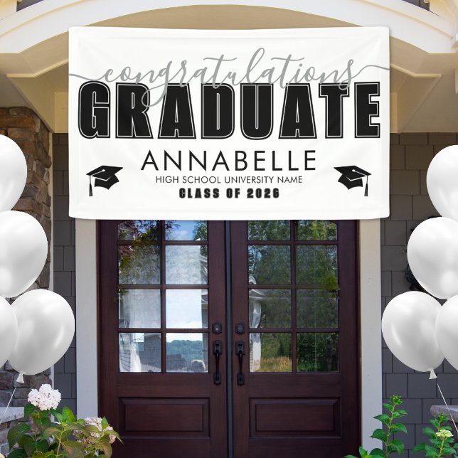 Black White Graduation Party Banner (Congratulations Grad Black White Graduation Party Banner )