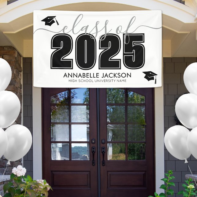 Black White Graduation Party Banner (Simple Class Of 2025 Black White Graduation Party Banner)