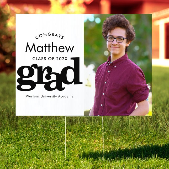 Black white graduation photo bold modern yard sign (Creator Uploaded)