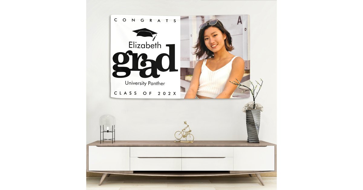 Black white graduation photo simple modern bold banner | Zazzle