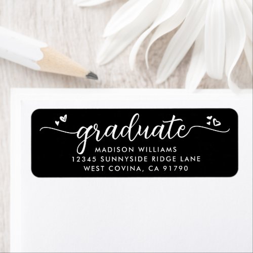 Black White Graduation Script Heart Modern Address Label