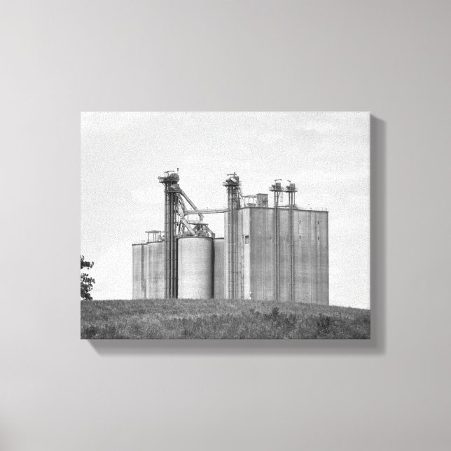 Black & White Grain Elevator on a Hill 11x14 Canvas Print (Front)