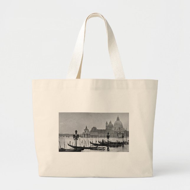 Black White Grand Canal Venice Italy Travel Large Tote Bag (Front)