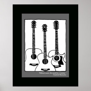 black white graphic acoustic guitars poster