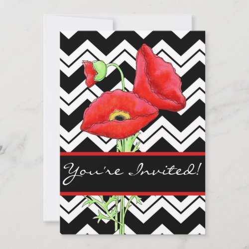 Black White Graphic Chevron ZizZag Red Poppy Black Invitation