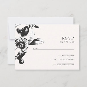 Black & white graphic flowers elegant wedding RSVP card