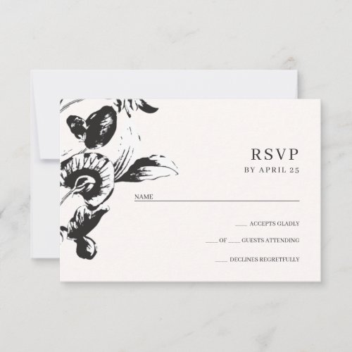 Black  white graphic flowers elegant wedding RSVP card