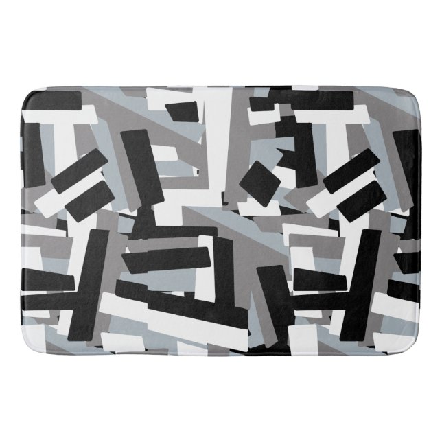 Black White Gray Abstract Geometric Patches Bath Mat (Front)