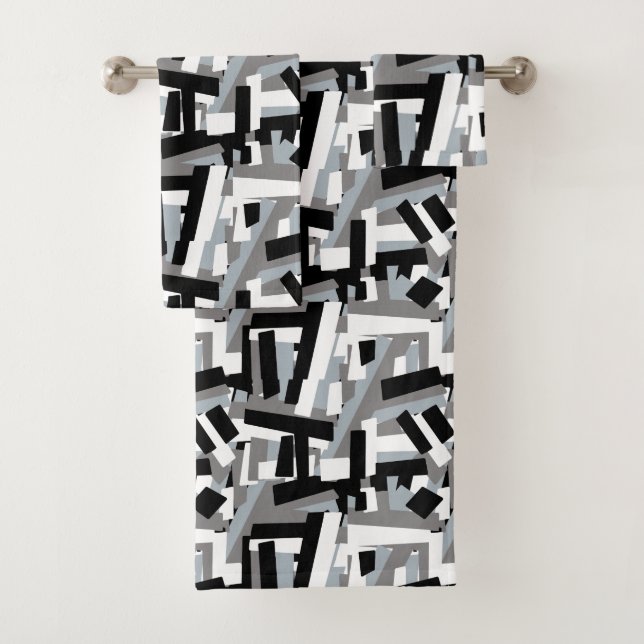 Black White Gray Abstract Geometric Patches Bath Towel Set (Insitu)