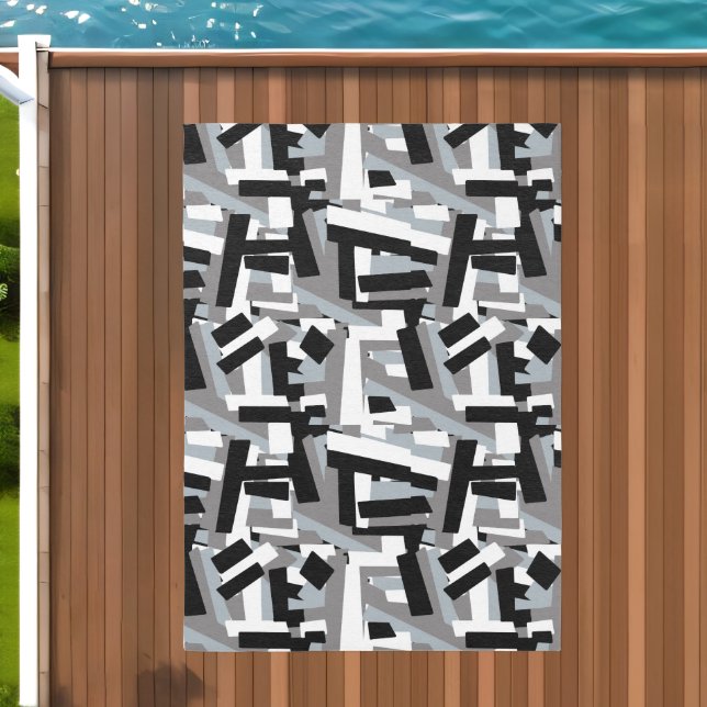 Black White Gray Abstract Geometric Patches Outdoor Rug (Insitu (Outdoor 2))