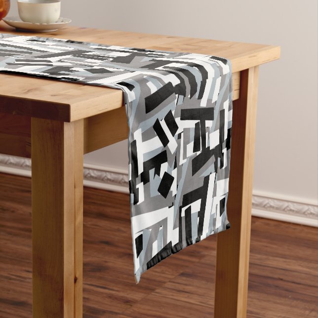 Black White Gray Abstract Geometric Patches Short Table Runner (In Situ)