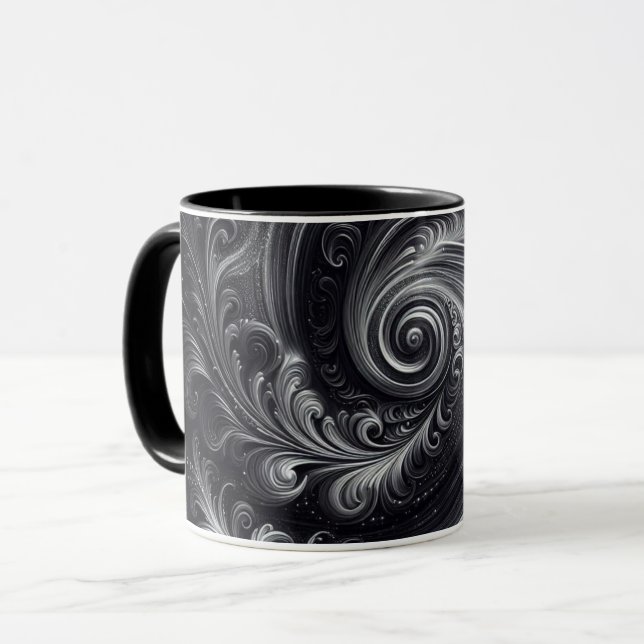 Black White Gray Abstract Modern Simple Swirl Mug (Front Left)