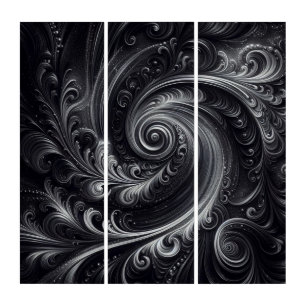 Black White Gray Abstract Modern Simple Swirl Triptych