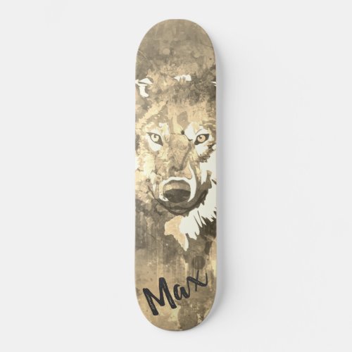 Black white gray abstract watercolor wolf  skateboard