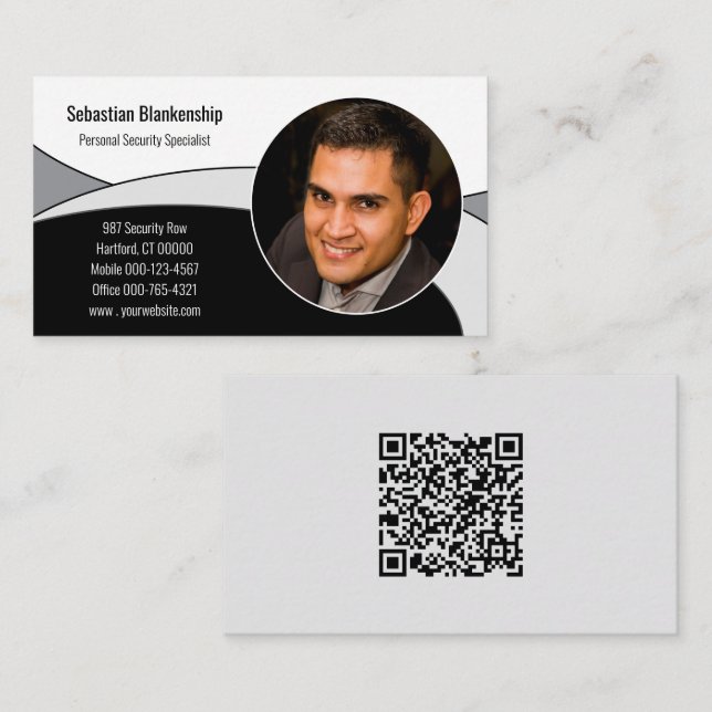 Black, White & Gray Abstract with QR Code & Photo  Business Card (Front/Back)