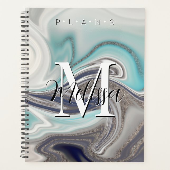 Black White Gray Aqua Monogram Abstract Planner (Front)