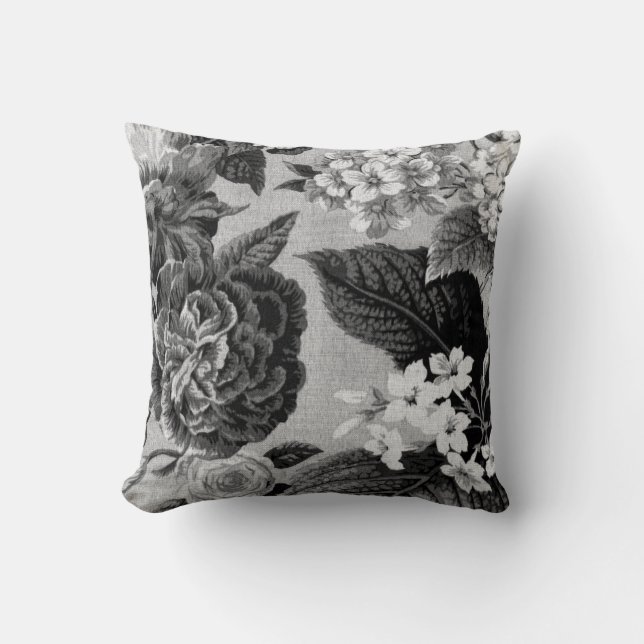 Black & White Gray Botanical Floral Toile No.1 Throw Pillow (Front)
