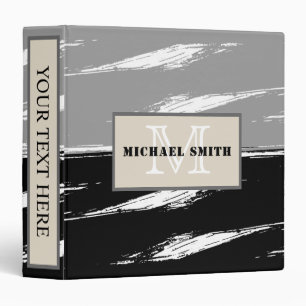 Black White Gray Brush Stroke Monogram 3 Ring Binder