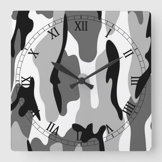Black White Gray Camouflage Roman Numerals Clock (Front)