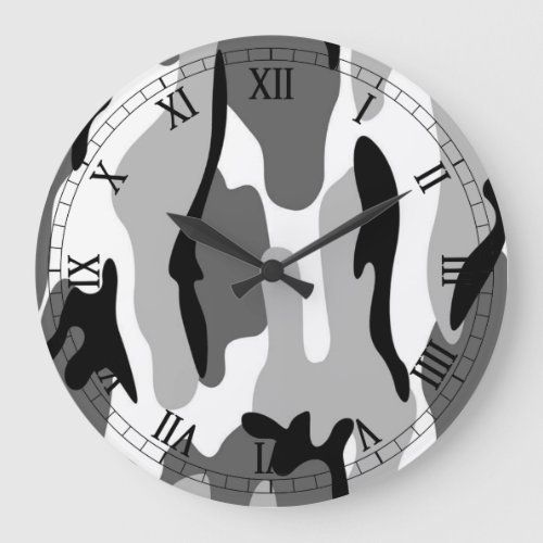 Black White Gray Camouflage Roman Numerals Clock