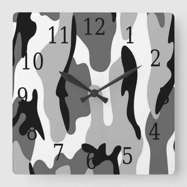 Black White Gray Camouflage Square Clock (Front)