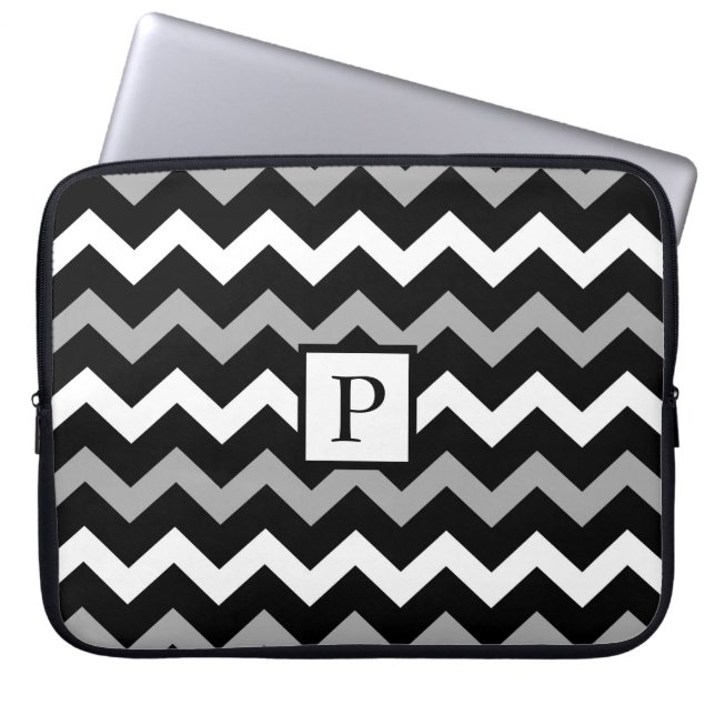 Black White & Gray Chevron Print Pattern Laptop Sleeve (Front)