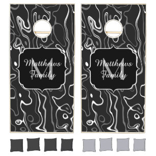Black white gray damascus abstract family Monogram Cornhole Set