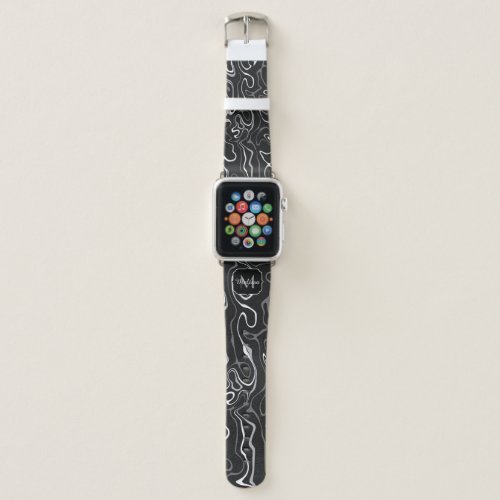 Black white gray damascus abstract swirls Monogram Apple Watch Band