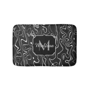 Black white gray damascus abstract swirls Monogram Bath Mat