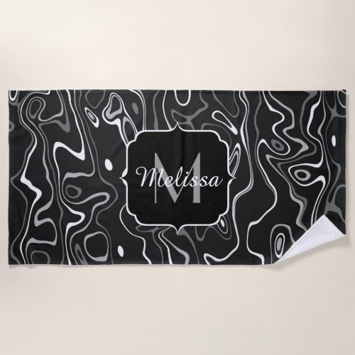 Black white gray damascus abstract swirls Monogram Beach Towel