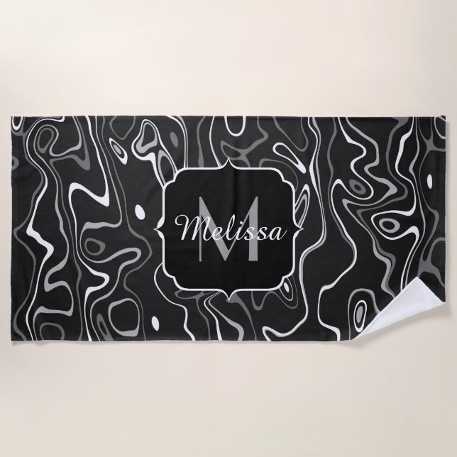 Black white gray damascus abstract swirls Monogram Beach Towel (Front)