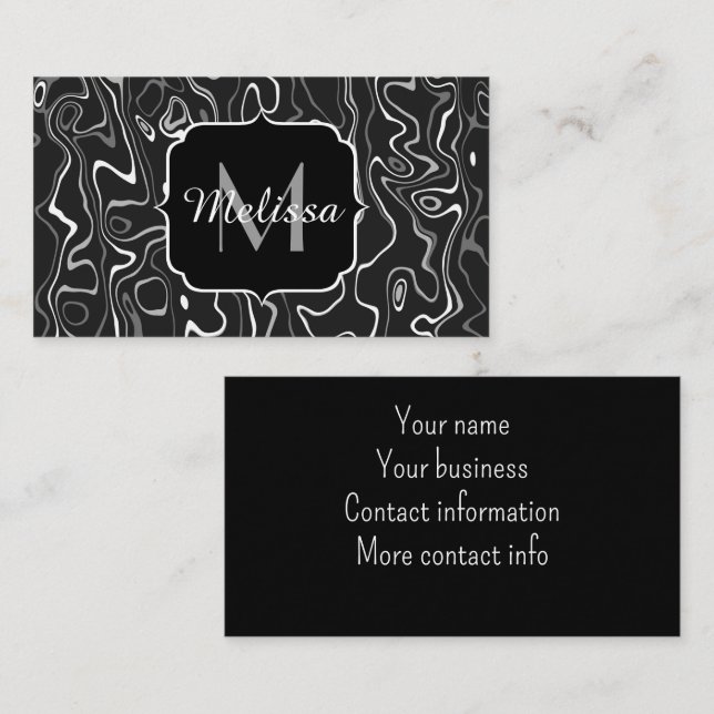 Black white gray damascus abstract swirls Monogram Business Card (Front/Back)