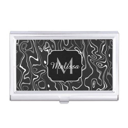 Black white gray damascus abstract swirls Monogram Business Card Case