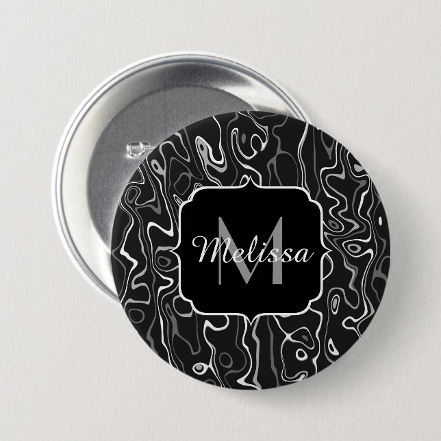 Black white gray damascus abstract swirls Monogram Button (Front & Back)