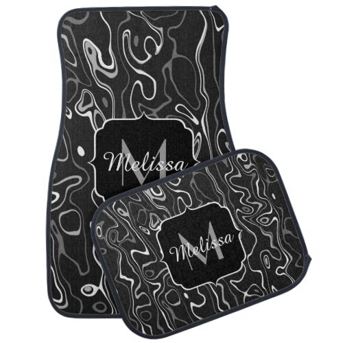 Black white gray damascus abstract swirls Monogram Car Floor Mat