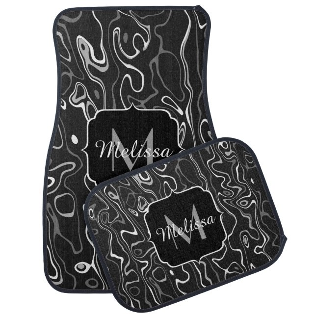 Black white gray damascus abstract swirls Monogram Car Floor Mat (Set)