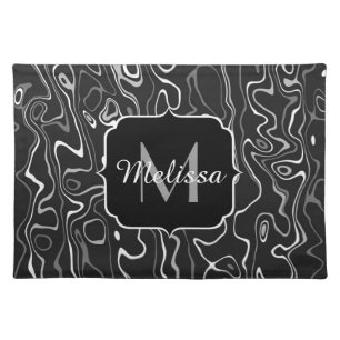 Black white gray damascus abstract swirls Monogram Cloth Placemat