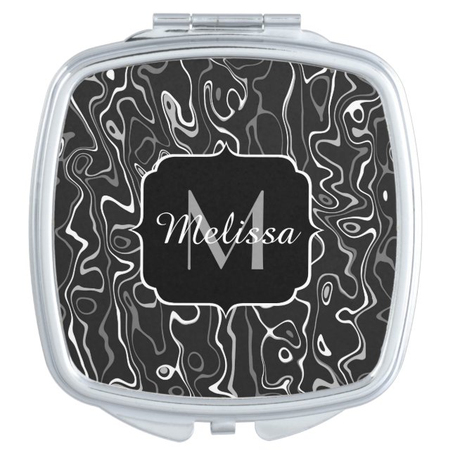 Black white gray damascus abstract swirls Monogram Compact Mirror (Front)