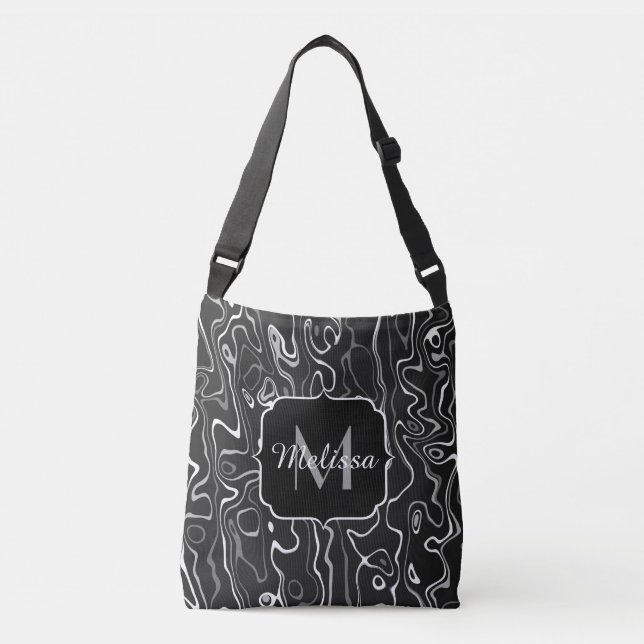 Black white gray damascus abstract swirls Monogram Crossbody Bag (Front)