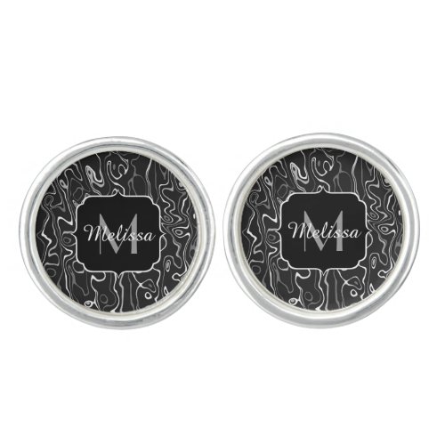 Black white gray damascus abstract swirls Monogram Cufflinks