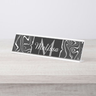 Black white gray damascus abstract swirls Monogram Desk Name Plate