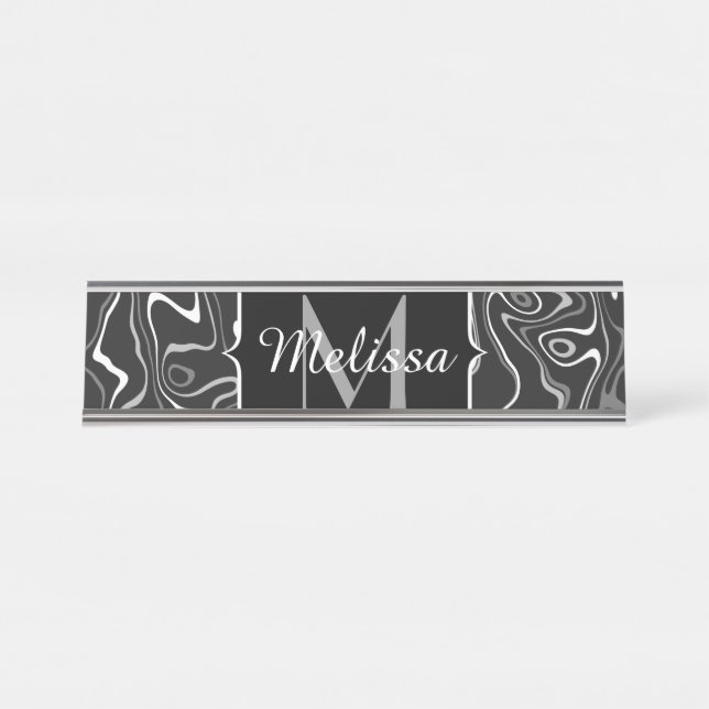 Black white gray damascus abstract swirls Monogram Desk Name Plate (Front)