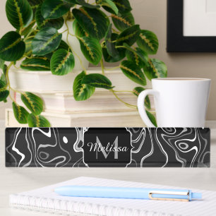 Black white gray damascus abstract swirls Monogram Desk Name Plate