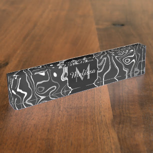 Black white gray damascus abstract swirls Monogram Desk Name Plate