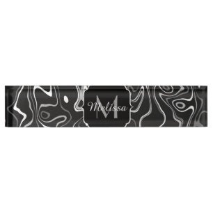 Black white gray damascus abstract swirls Monogram Desk Name Plate