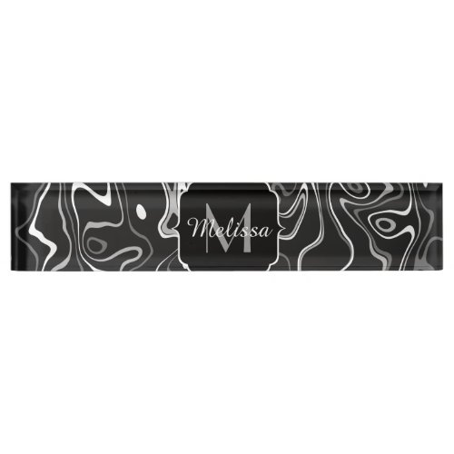 Black white gray damascus abstract swirls Monogram Desk Name Plate