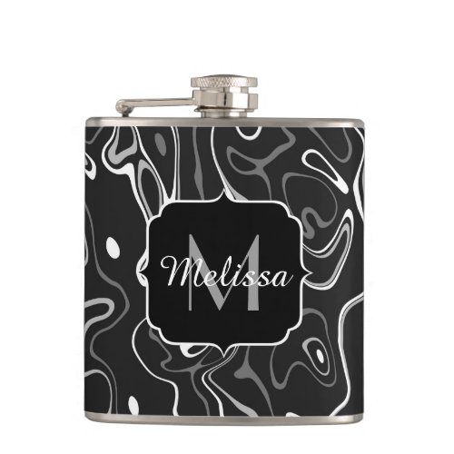 Black white gray damascus abstract swirls Monogram Flask